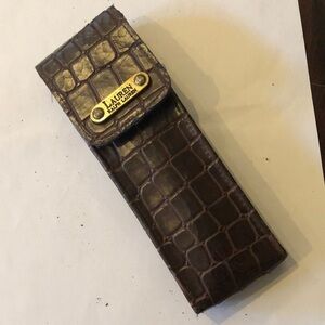 Lauren Ralph Lauren Croc embossed leather brass logo glasses holder velcro close